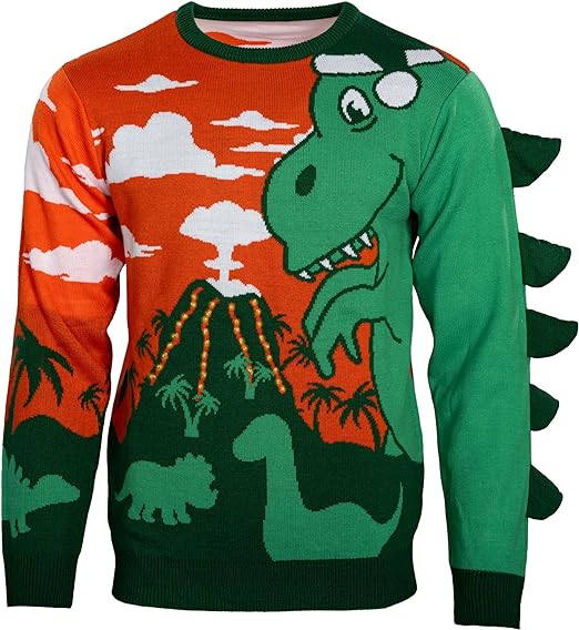 3D T-Rex Santa Hat Adult Unisex LED Light Up Ugly Christmas Sweater