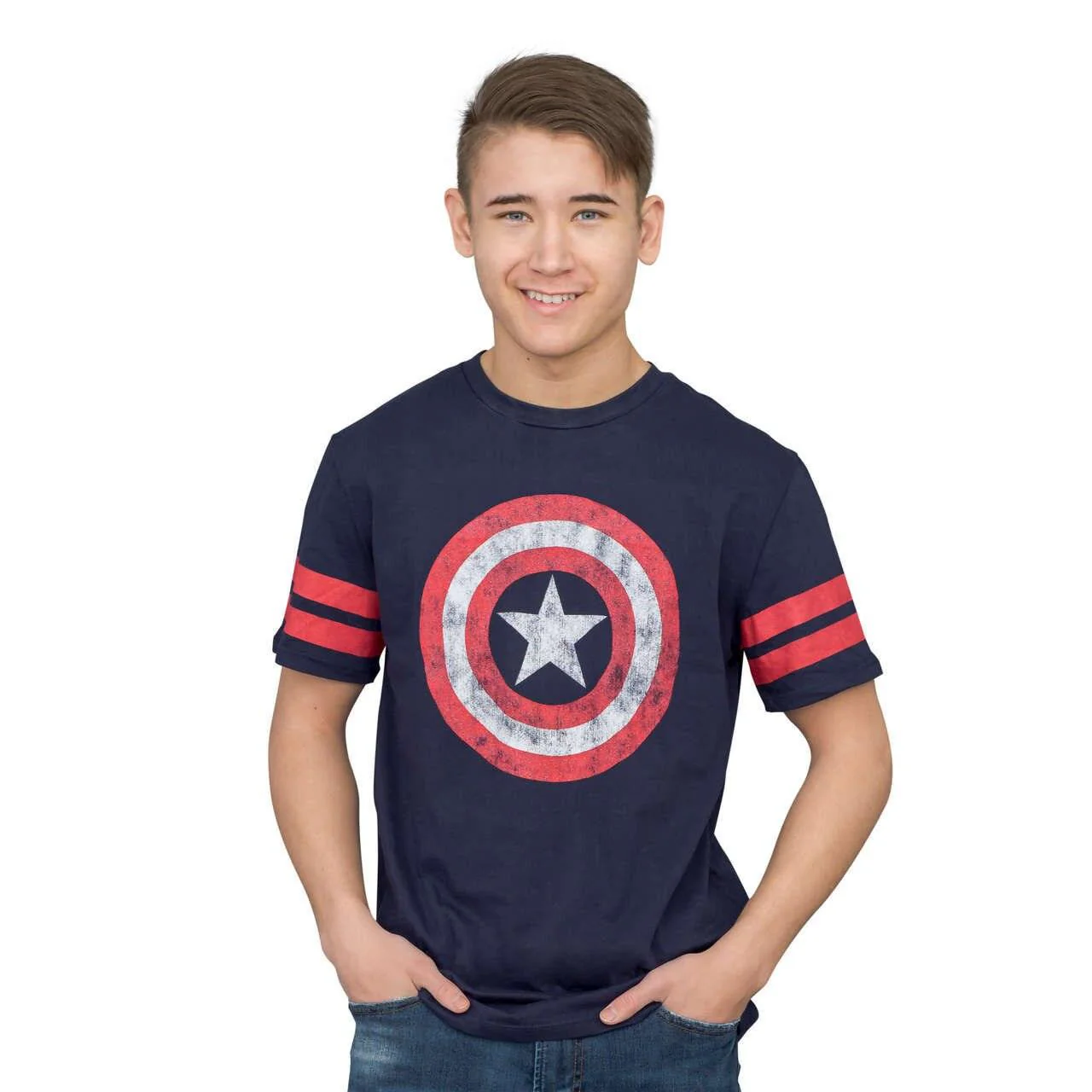 Captain America Distressed Shield Striped Sleeves Junors/Women's T-shirt - Image 2