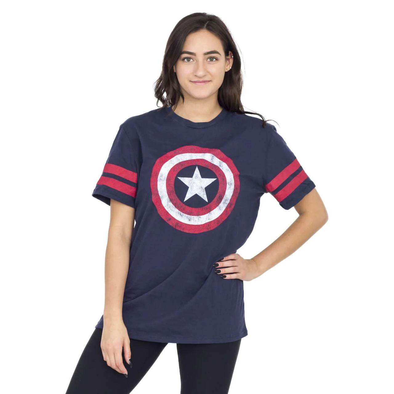 Captain America Distressed Shield Striped Sleeves Junors/Women's T-shirt - Image 4