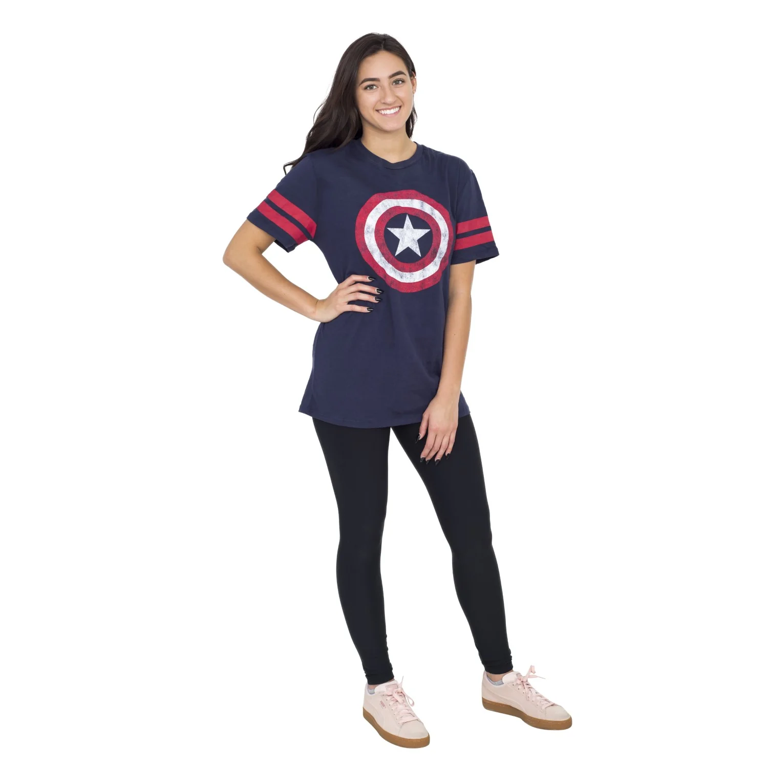 Captain America Distressed Shield Striped Sleeves Junors/Women's T-shirt - Image 7