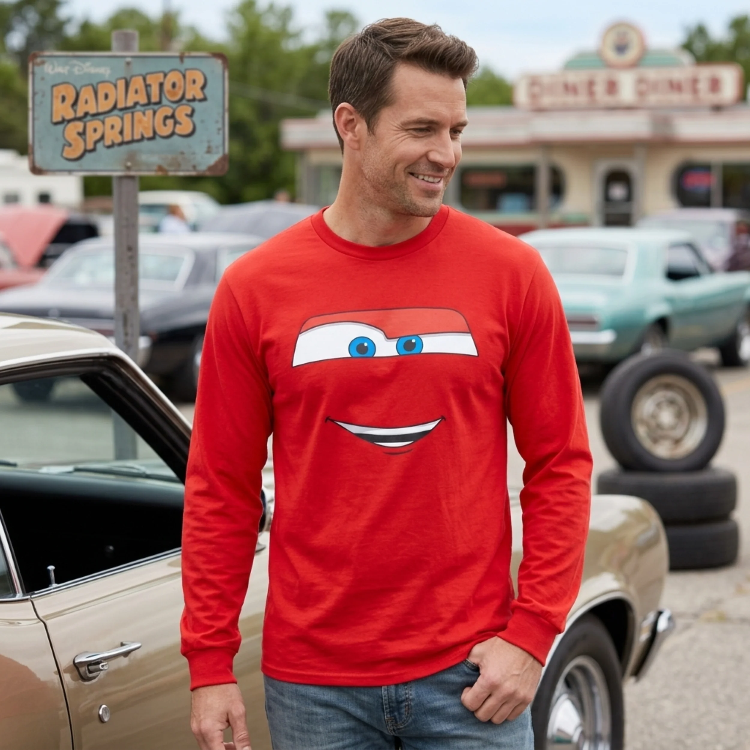 Disney Cars Licensed Lightning McQueen Big Face Adult Unisex Long Sleeve Shirt - Image 3