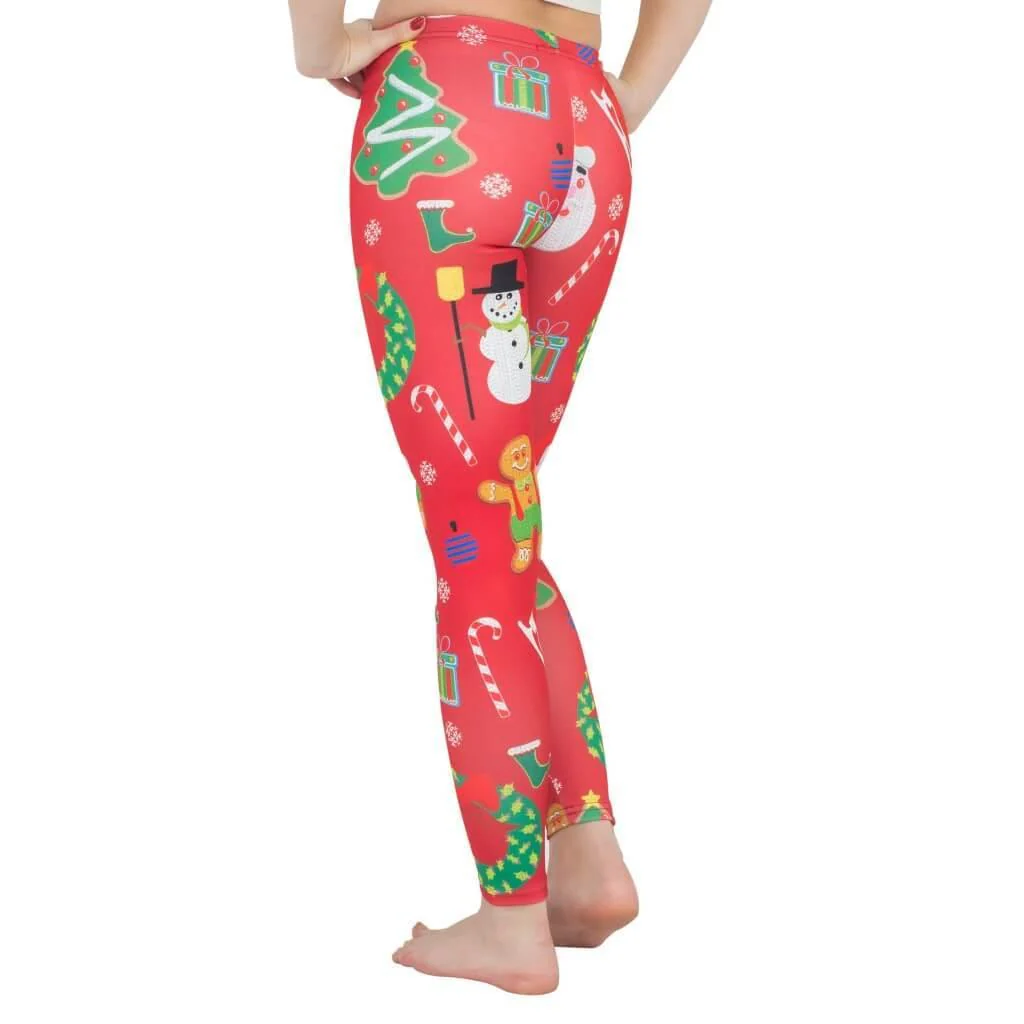 Holiday Symbols All Over Red Ugly Christmas Leggings - Image 2