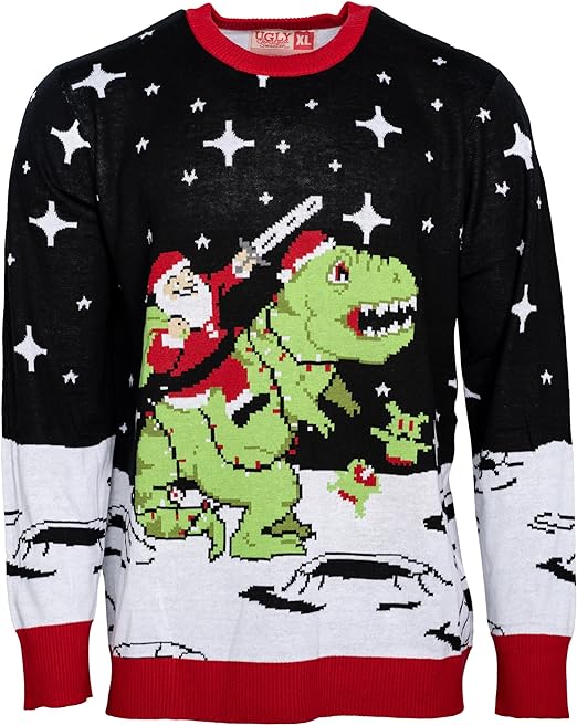 Santa Claus Riding T-Rex on Moon Pixelated Adult Unisex Ugly Christmas Sweater