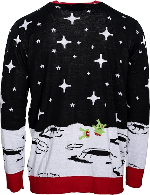 Santa Claus Riding T-Rex on Moon Pixelated Adult Unisex Ugly Christmas Sweater - Image 3