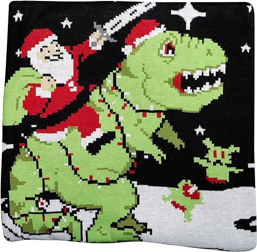 Santa Claus Riding T-Rex on Moon Pixelated Adult Unisex Ugly Christmas Sweater - Image 6