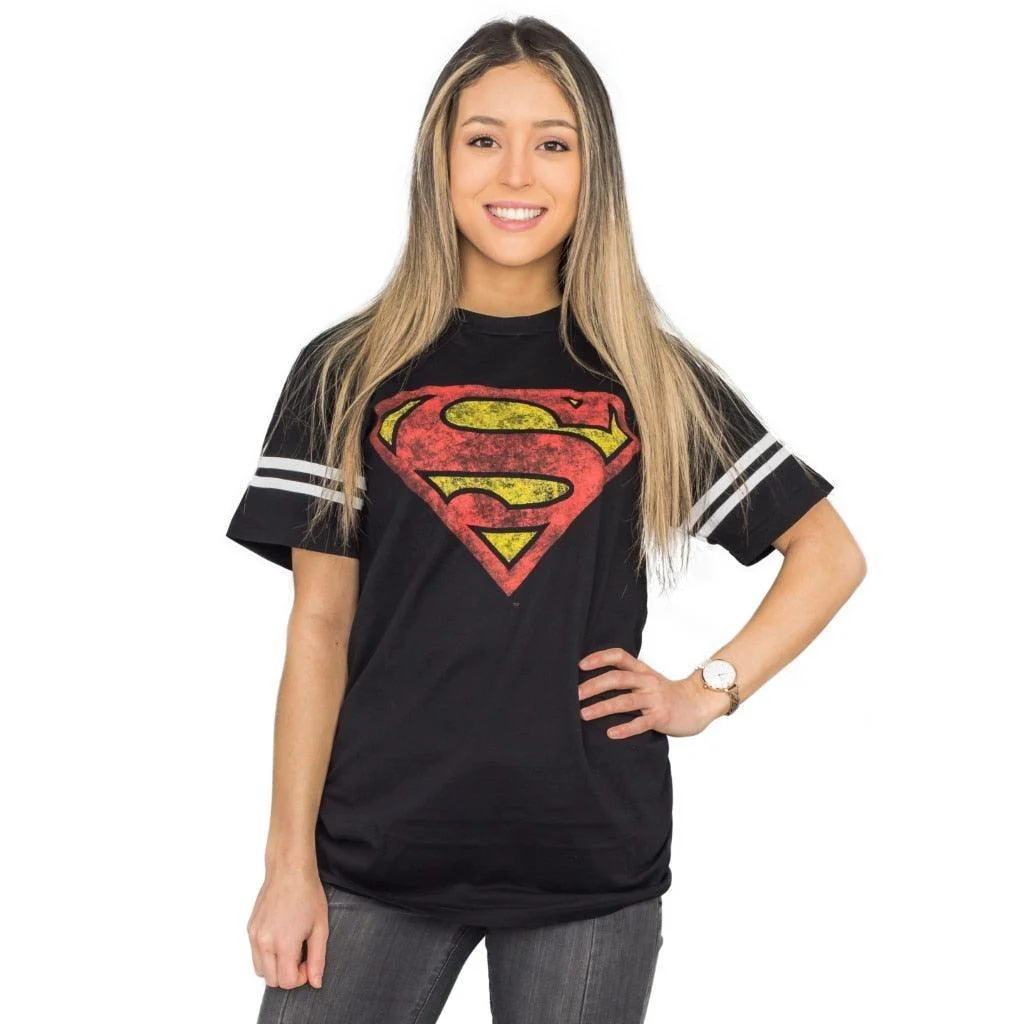 Superman Distressed Logo With Striped Sleeves T-shirt - Image 4