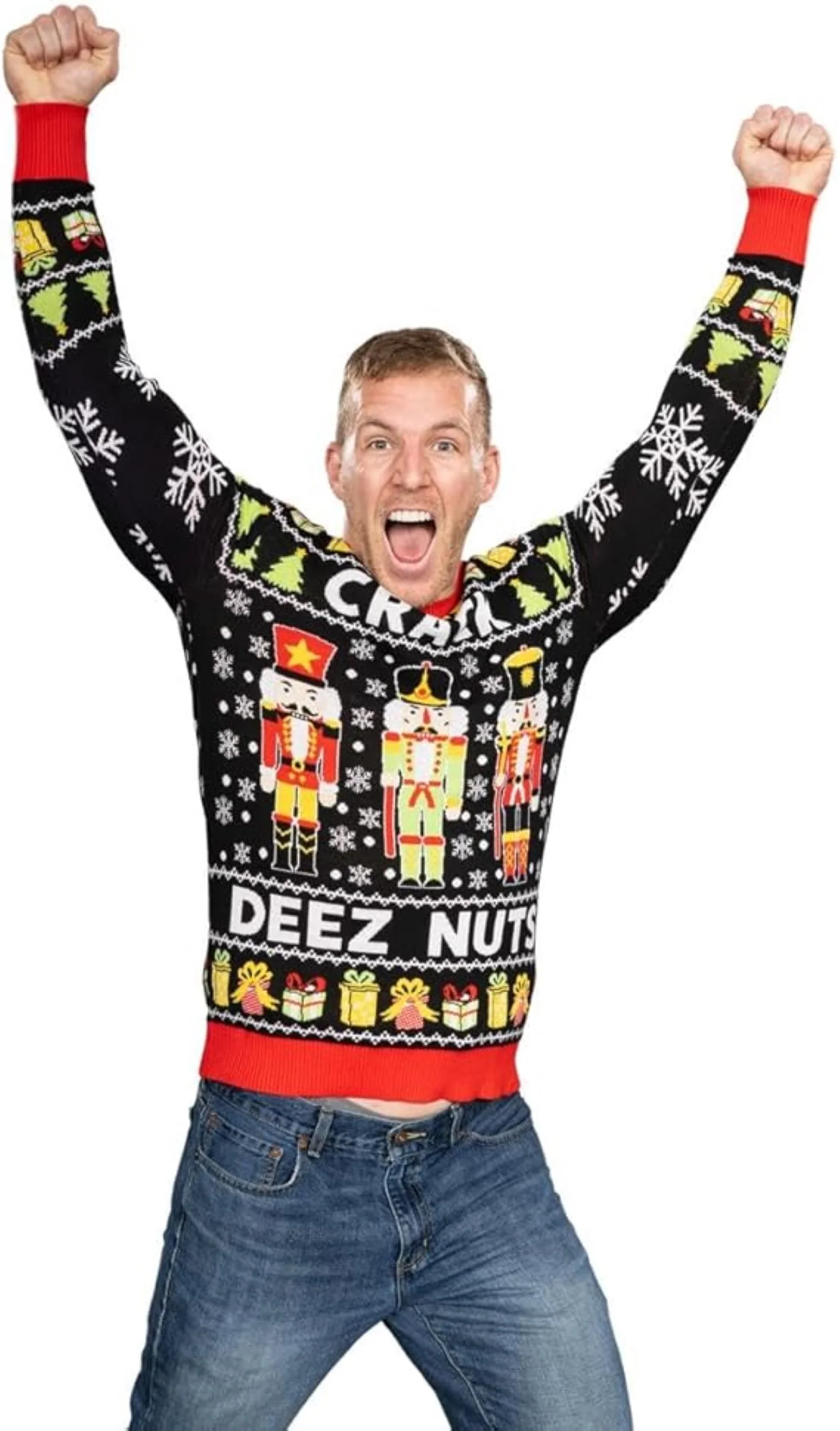 Funny Crack Deez Nuts Nutcracker Santa Knitted Ugly Christmas Sweater - Image 4