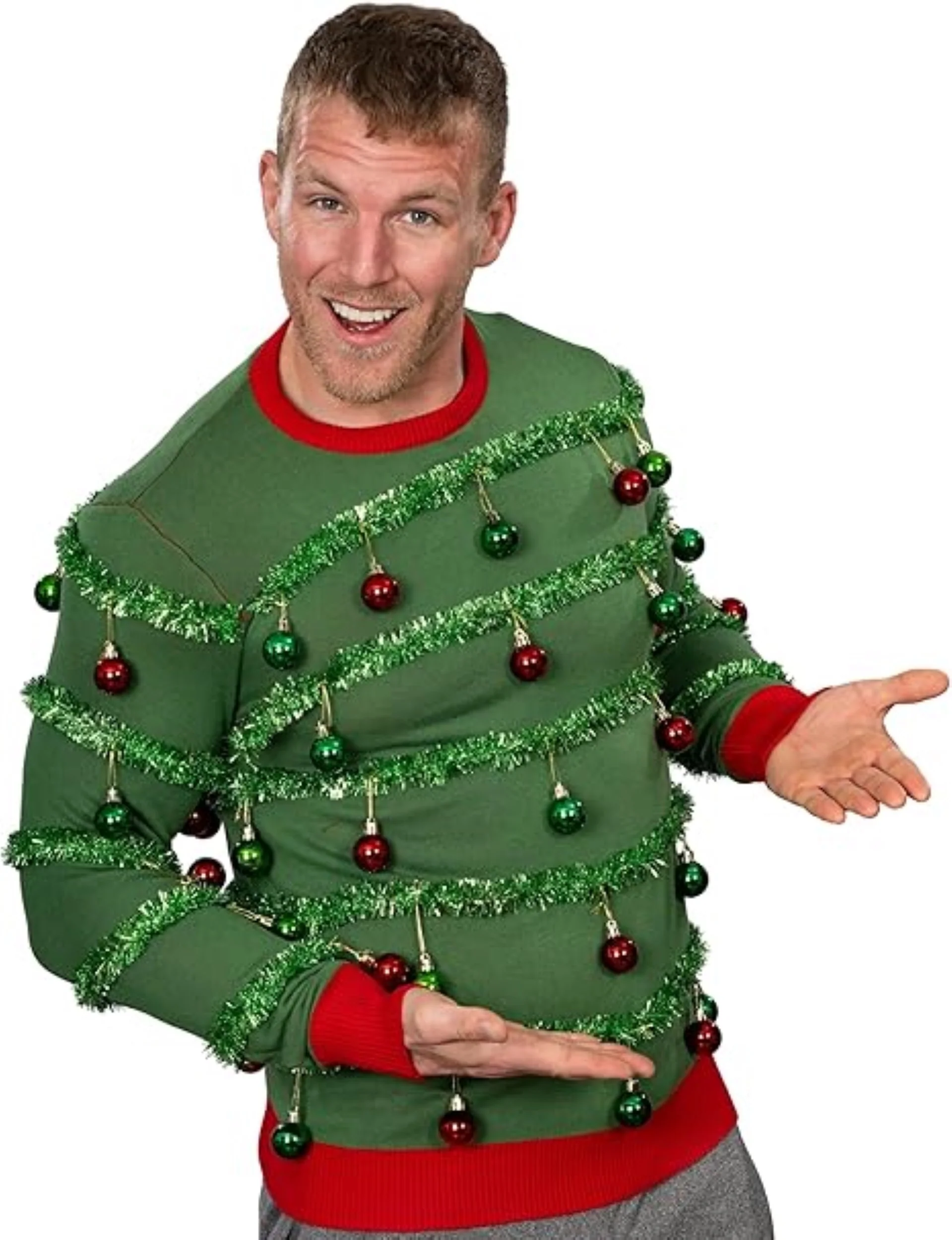 3D Holiday Tree Garland/Ornaments Funny Adult Unisex Ugly Christmas Sweater - Image 2