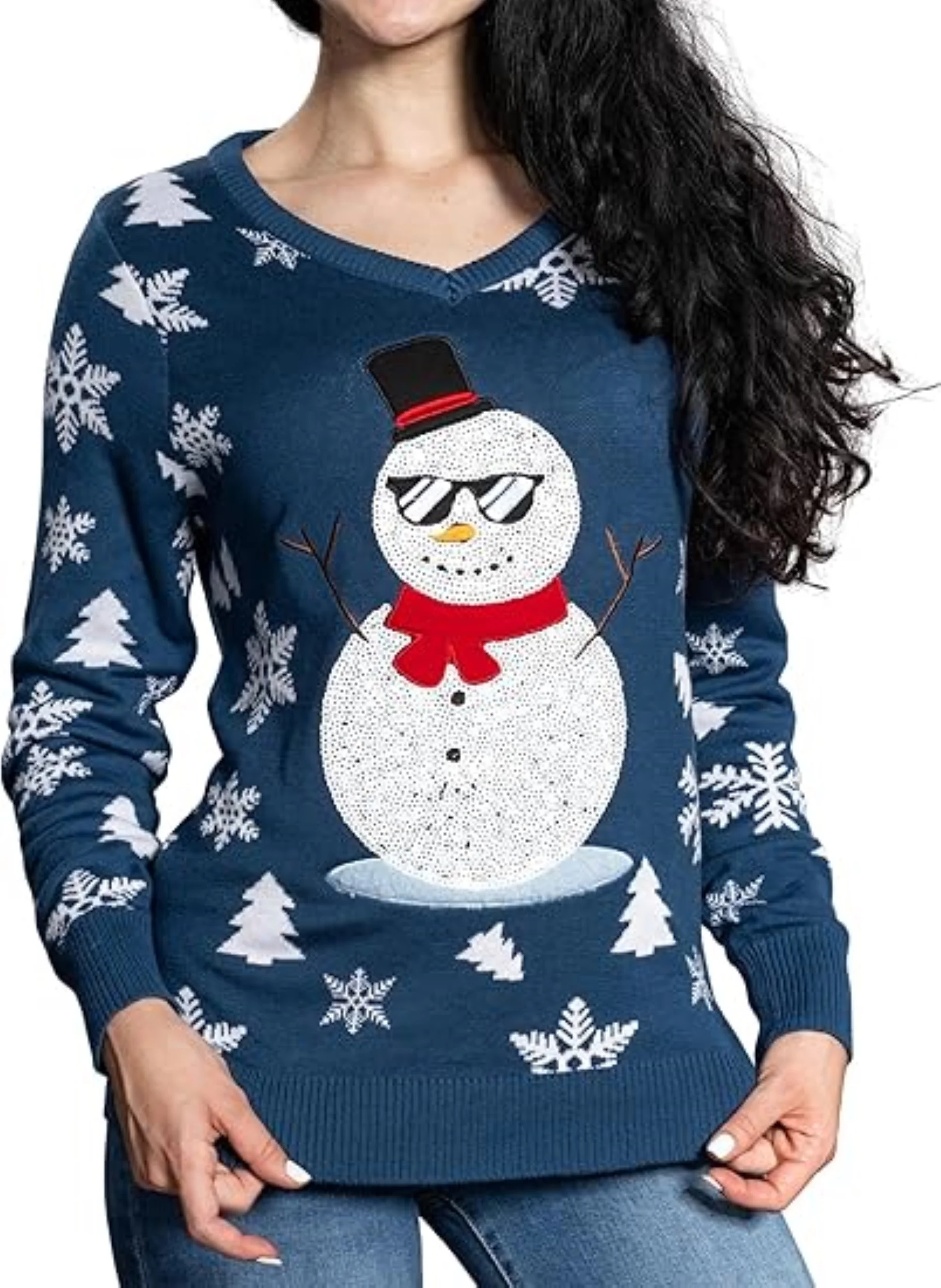 Women’s Flashy Sequin Funny Snowman Ugly Christmas Sweater