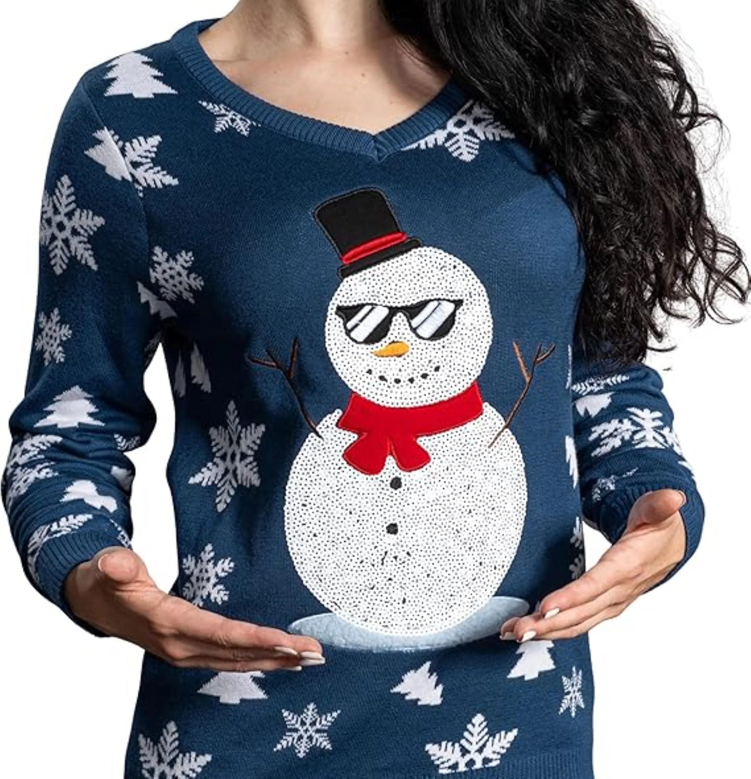 Women’s Flashy Sequin Funny Snowman Ugly Christmas Sweater - Image 2