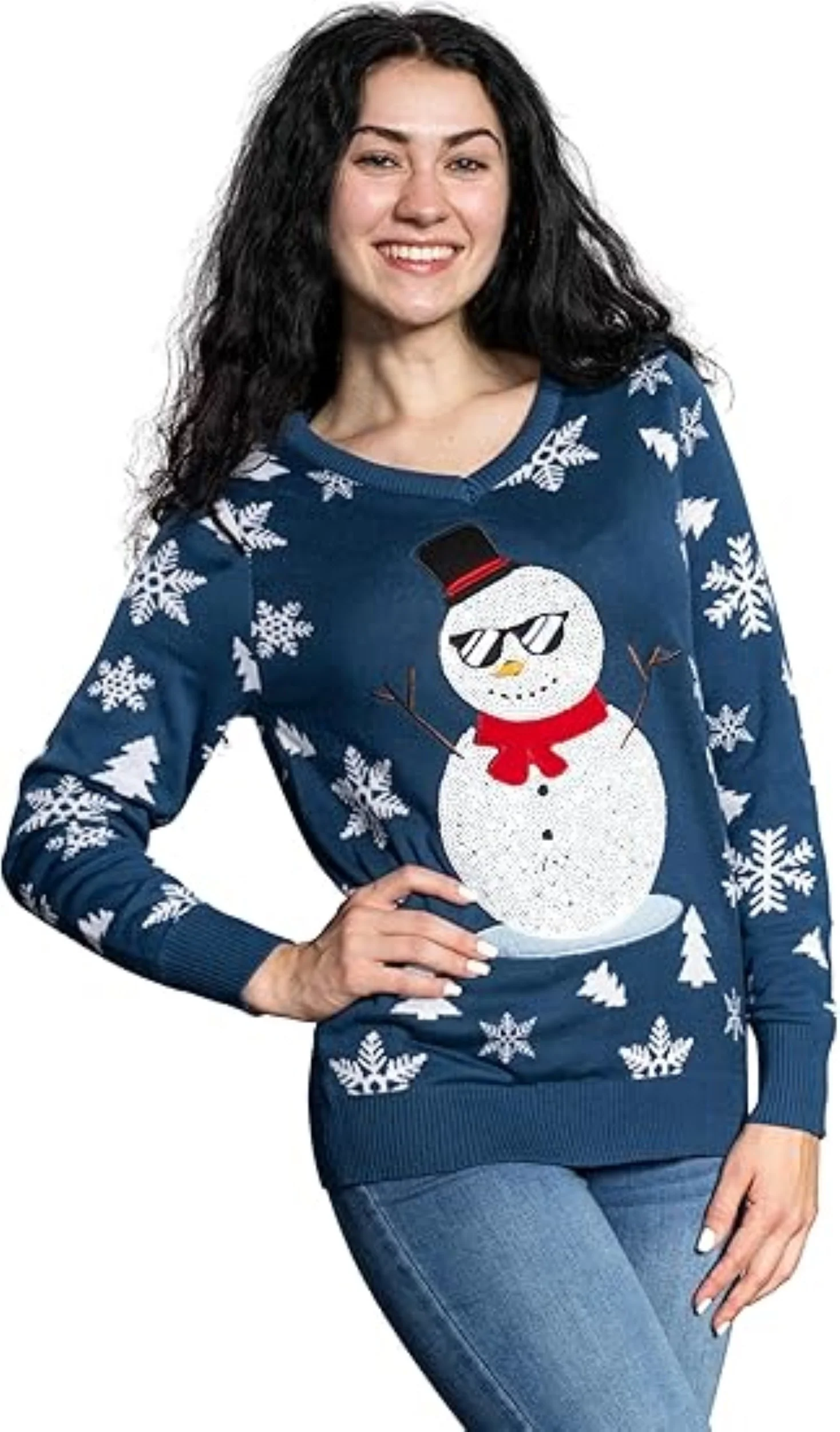 Women’s Flashy Sequin Funny Snowman Ugly Christmas Sweater - Image 5