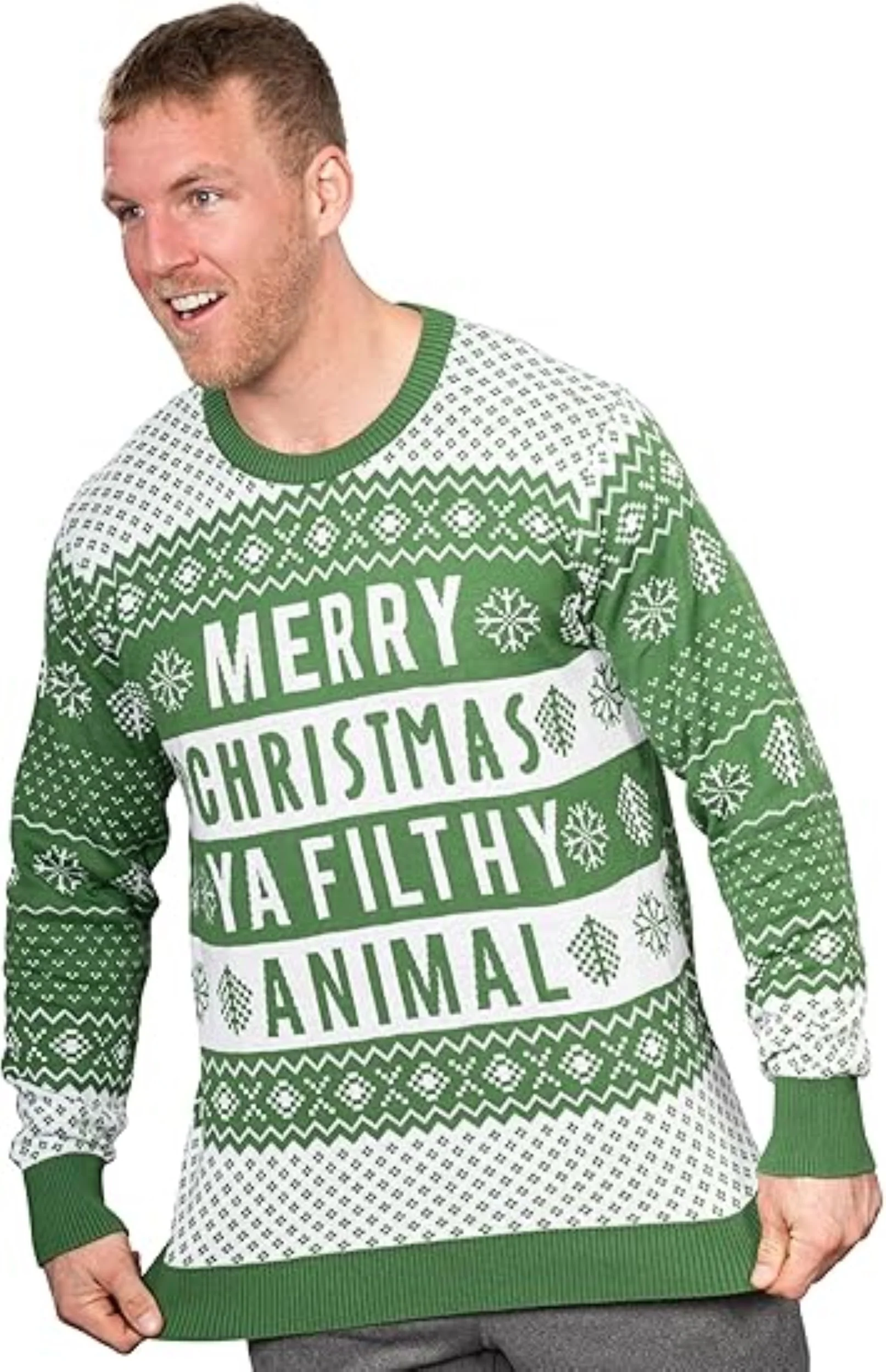 Ya Filthy Animal Quote Adult Unisex Ugly Christmas Sweater (Green) - Image 3