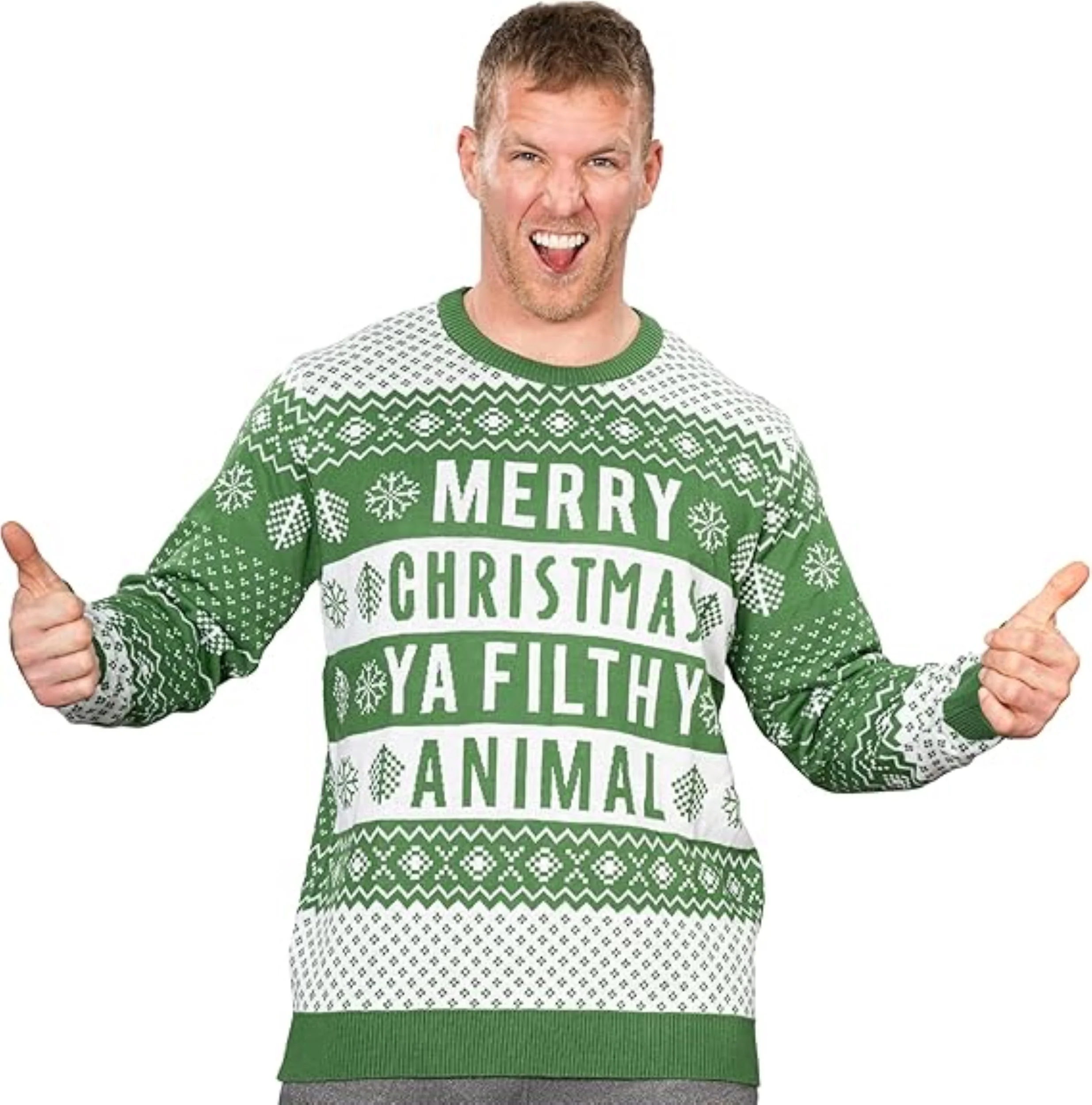 Ya Filthy Animal Quote Adult Unisex Ugly Christmas Sweater (Green) - Image 5