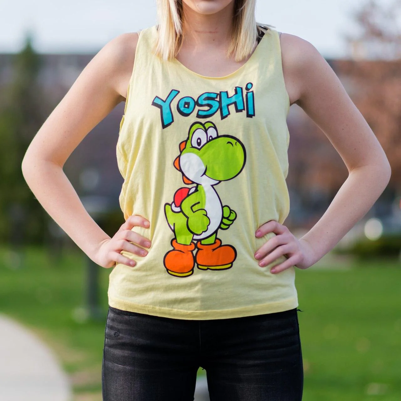 Yoshi Yellow Thin-Cut Tank Top With Open Braided Racerback Back - Image 2